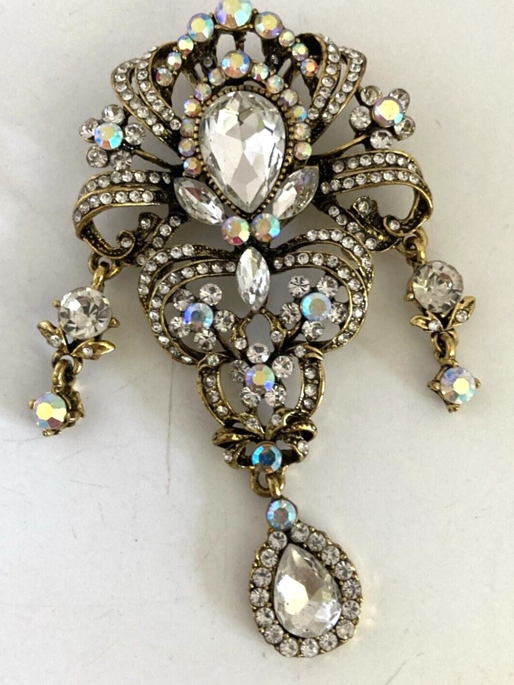 Rhinestone Teardrop Vintage Statement Brooch Pendant in Crystal and Gold